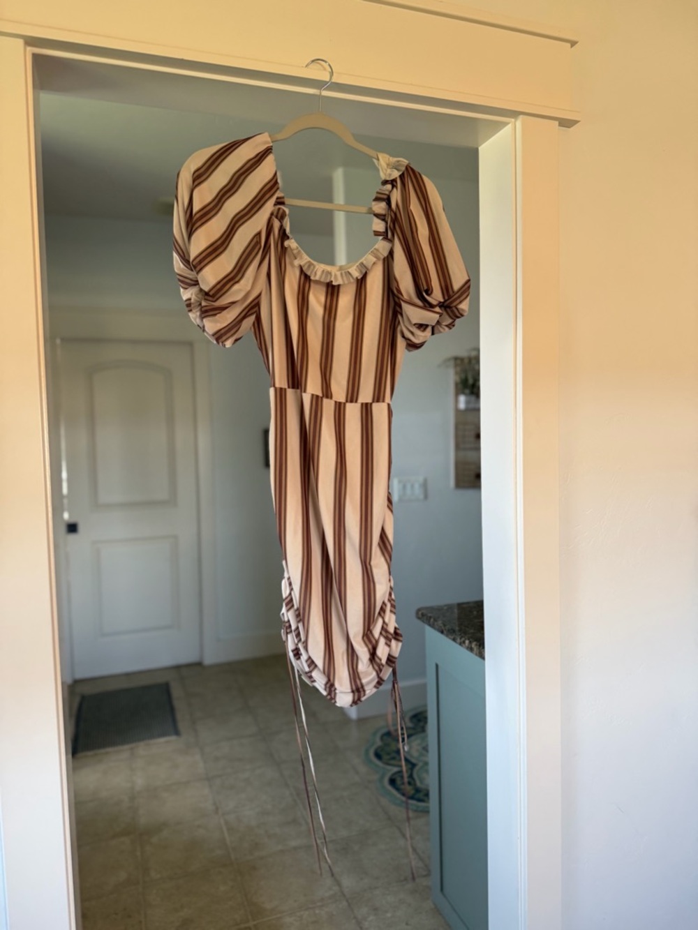 Joyfolie Cream and Brown Striped Mini Dress with Puff Sleeves